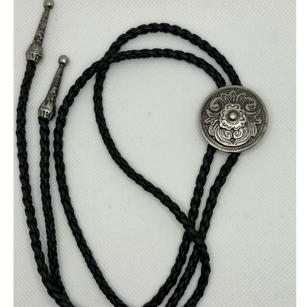 Country Western Black Bolo Tie Silver tone slide Cowboy Festival Vtg Style Rodeo